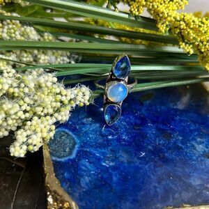 TANZANITEโ& MILKY OPAL 3 STONE SILVER RING